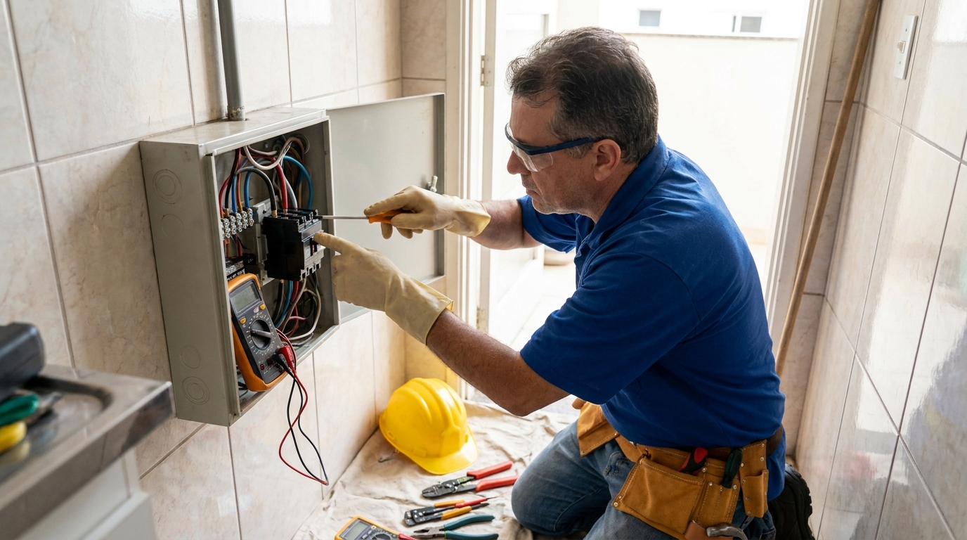 Eletricista instalando disjuntor em Barueri‑SP