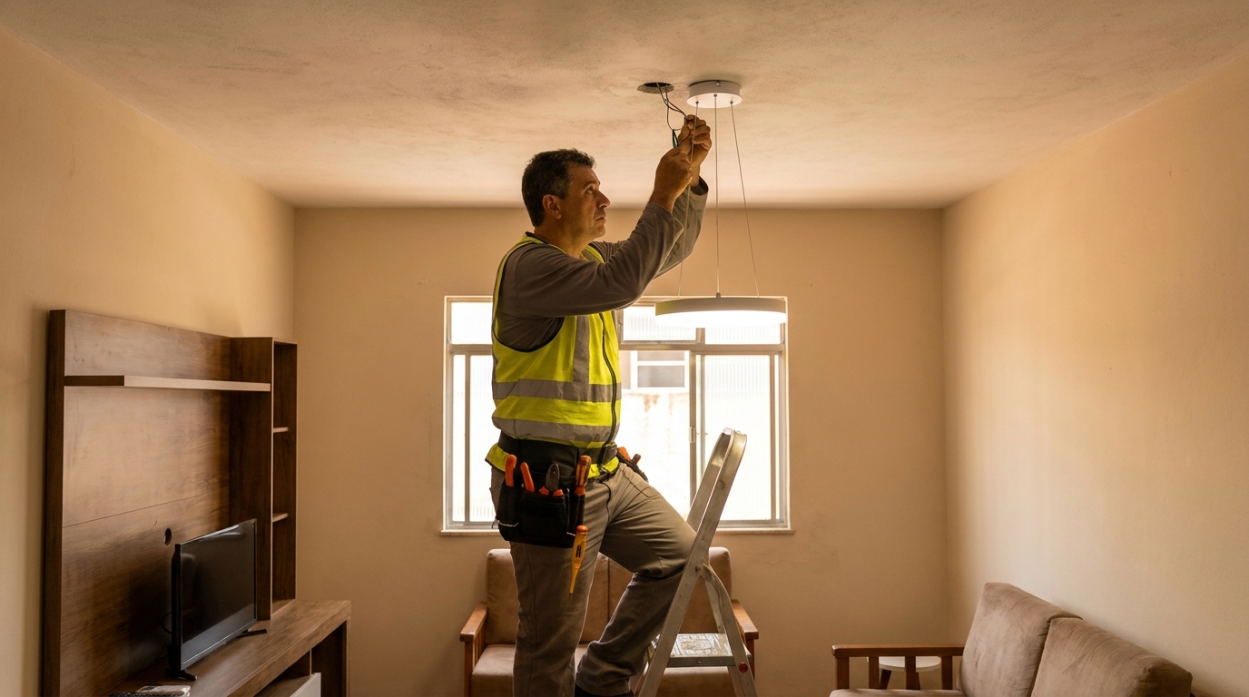 Eletricista instalando luminaria em Belém‑PA